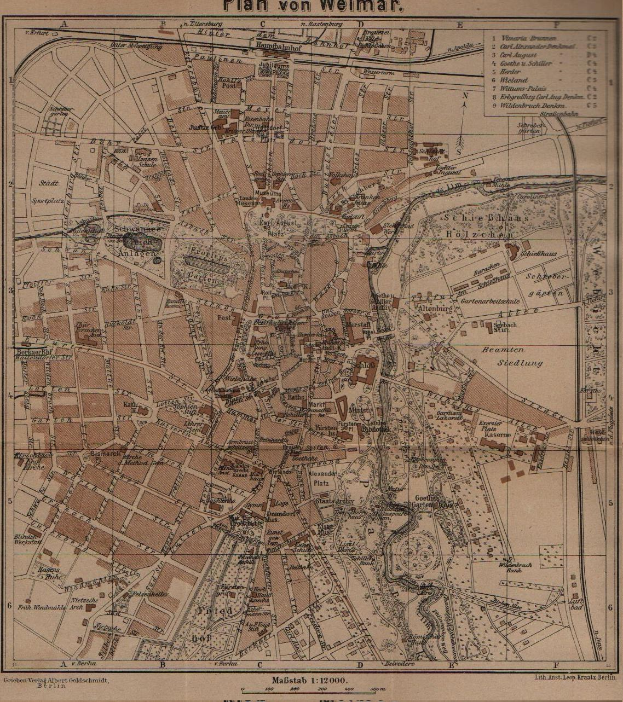 Detailierte alte Karte von Weimar, Deutschland, mit sichtbaren Straßen, Gebäuden und Sehenswürdigkeiten, mit Text oben und unten auf dem Papier.
