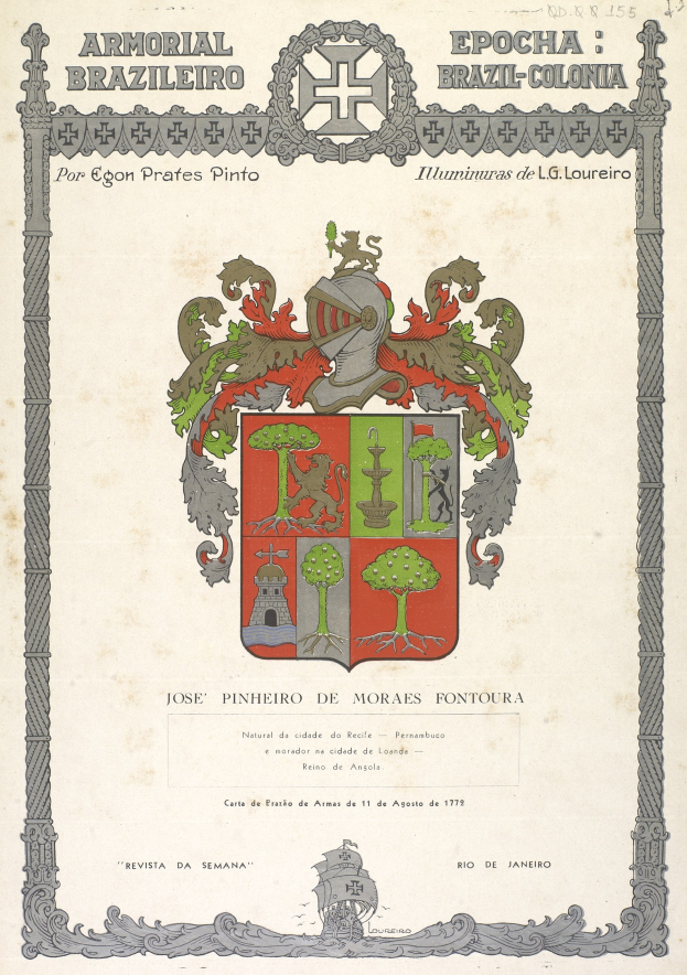 Plakat mit einem Wappen, das einen Schild mit einem springenden Löwen, eine Krone und ein Banner mit "Armorial Brazil" in fetter Schrift und darunterstehenden Text zeigt.