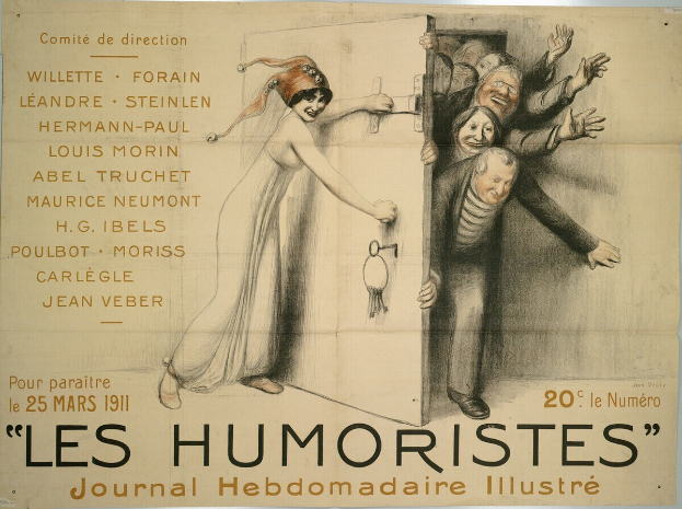 Ein Plakat an einer Gebäudewand mit einer Gruppe lachender, fröhlicher Menschen und der Text 'Les Humoristes Journal Hebdomadaire Illustré' in fetter Schrift oben.