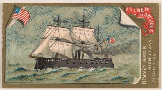 Alte Zigarettenkarte mit einem Schiff auf Wasser und zwei flatternden Flaggen sowie der Aufschrift "Kennedy Bros. Cigarettes".