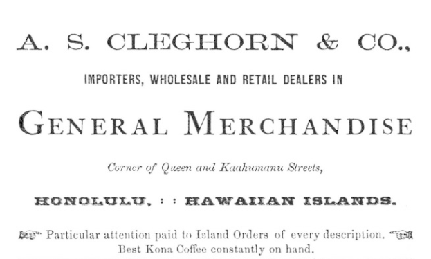Schwarzes und weißes Papier mit der Aufschrift "A.S. Cleghorn & Co. Importeure, Groß- und Einzelhandelsgeschäft für Allgemeinwaren."