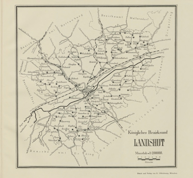 Ein altes Stadtplan von Landshut, Deutschland, zeigt Straßen und Autobahnen mit schwarzen Linien und Text.