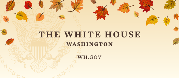 Ein Plakat mit der Aufschrift "The White House Washington" in fetter schwarzer Schrift, mit einem Logo des Weißen Hauses umgeben von Herbstblättern in Rot-, Orange- und Gelbtönen.
