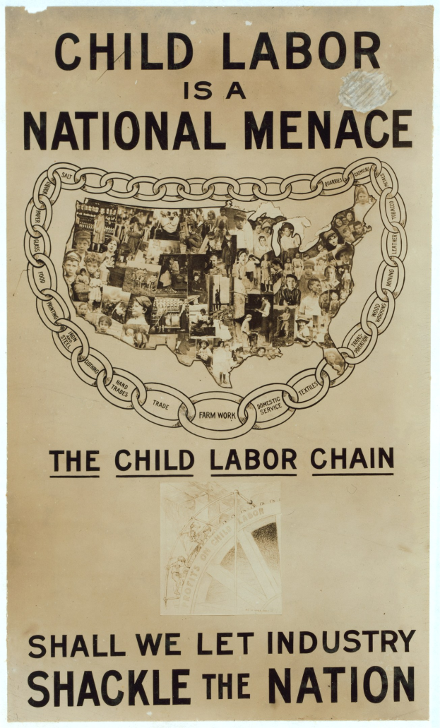 Plakat mit der Aufschrift "Kindera(r)beit ist eine nationale Gefahr - Sollen wir die Industrie das Land fesseln lassen?" in fetter schwarzer Schrift auf weißem Hintergrund, das eine bunt gemischte Gruppe von Menschen zeigt, die solidarisch zusammenstehen.