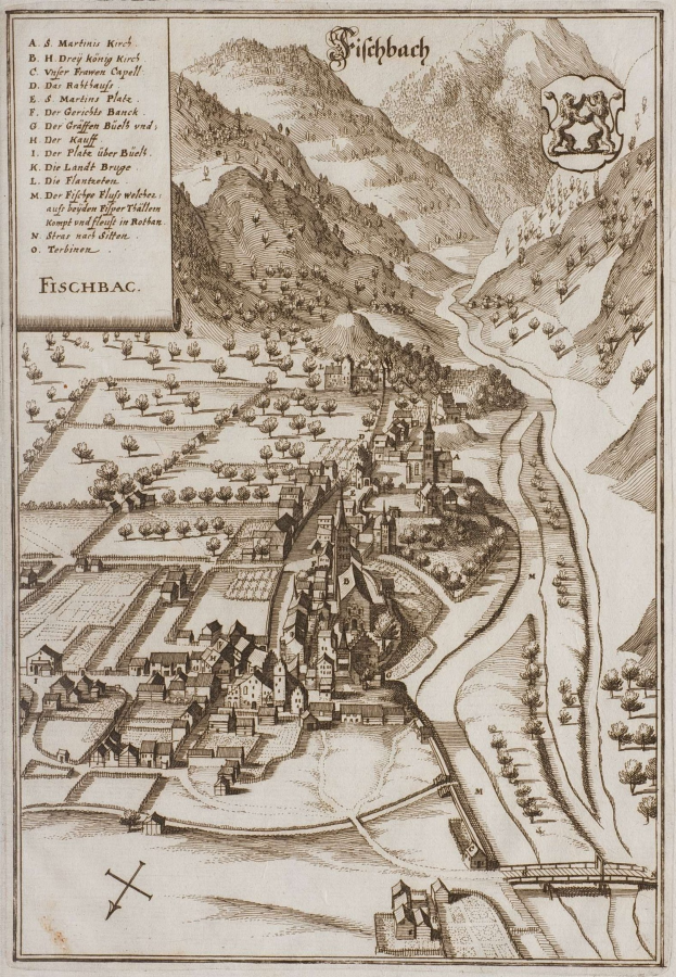 Alte Karte von Fischbach, Deutschland, zeigt H├Ąuser, B├Ąume, Hügel, einen gewundenen Fluss, Text und ein Logo auf altem Papier.