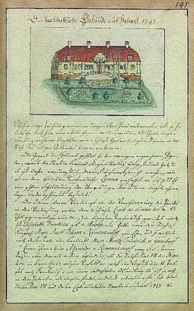 Ein vergilbtes Dokument aus dem Jahr 1797 mit einer detaillierten Zeichnung eines weißen Hauses mit rotem Dach, signiert von der Schleswig-Holstein-Schule Delmar in Deutschland, mit handgeschriebenem Text, der wahrscheinlich die Schulgeschichte beschreibt.