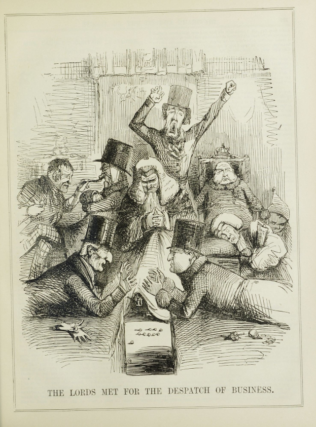 Eine historische Illustration, die eine Gruppe von Menschen in einer Besprechung zeigt, mit dem Text "Die Lords trafen sich zur Abwicklung von Geschäften", was auf eine schwierige oder dringende Situation hindeutet.