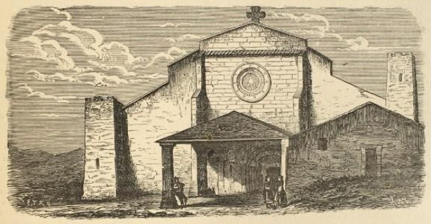 Gravur der Kirche des Heiligen Grabes mit einer Uhr an der Vorderseite, umgeben von Menschen unter einem bewölkten Himmel, mit der Aufschrift "Kirche des Heiligen Grabes" unten.