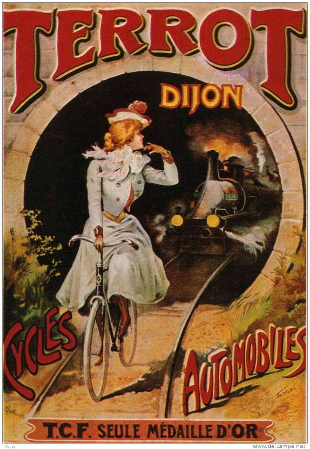 Vintage-Plakat mit einer Frau in weißem Kleid und Hut auf einem Fahrrad neben einem hellgelben Zug, mit der Aufschrift "Terrot Dijon Cycles Automobiles" oben, vor einem gedämpften blauen, grünen und gelben Farbpalette.