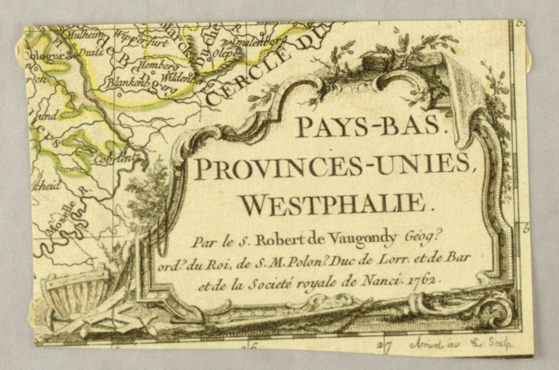 Ein detailliertes altes Kartenblatt der Provinzen Westphalien auf vergilbtem Papier mit begleitendem Text, der die Geographie und Bevölkerung der Region beschreibt.