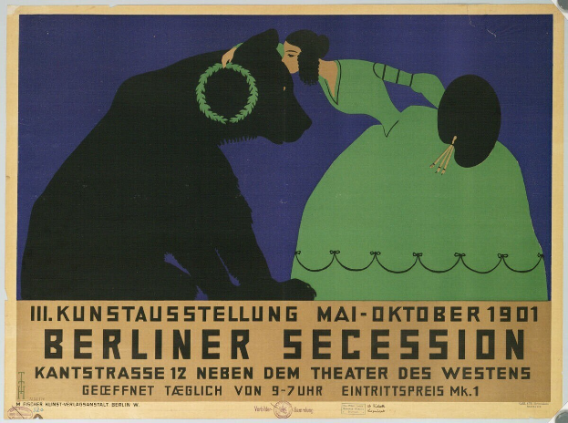 Plakat der Berliner Secession mit einer Frau in einem grünen Kleid und einem Mann in einem schwarzen Anzug