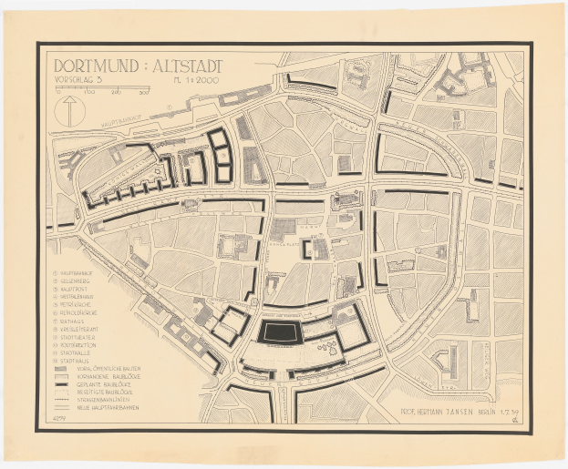 Detailierte alte Karte von Dortmund, Deutschland, die Straßen, Gebäude, Sehenswürdigkeiten und Texte mit Stadtinformationen auf einem weißen Hintergrund zeigt.