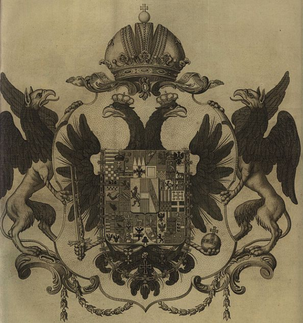 Ein Buch mit einer Zeichnung des Wappens des Königreichs Deutschland, das zwei Greifen und eine Krone oben zeigt.