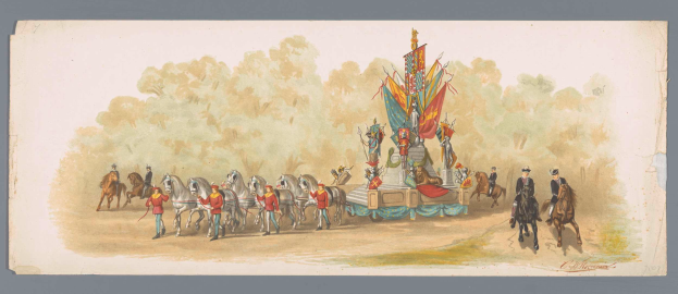 Ein Gemälde eines Karnevalsumzugs mit Menschen in bunten Kostümen, die auf Pferden vor einem geschmückten Festwagen reiten, vor einem Hintergrund aus Bäumen und einem klaren blauen Himmel.