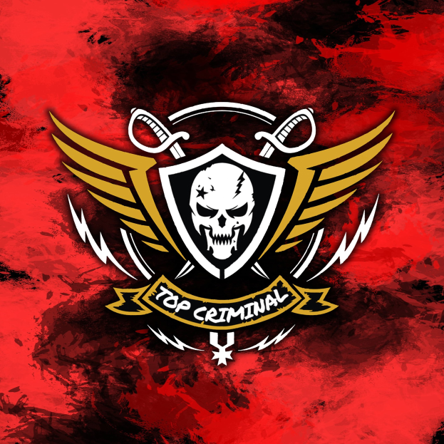 Ein roter Hintergrund mit einem schwarz umrandeten Schädel und gekreuzten Schwertern in der Mitte, mit der Schrift "Top Criminal" in fetter weißer moderner Schriftart.