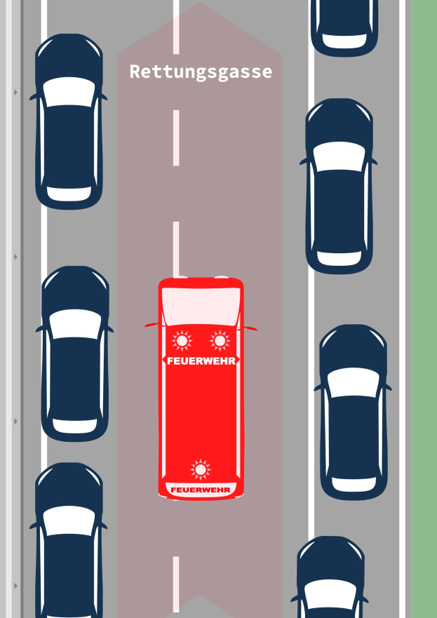 Roter Wagen fährt auf einer Straße mit "Rettungsgasse"-Schriftzug, umgeben von anderen Fahrzeugen.