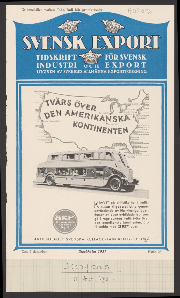 Schwarzer Hintergrundplakat mit einer Bushaltung in der Mitte und dem Text "Svensk Export for Sweden" drumherum.