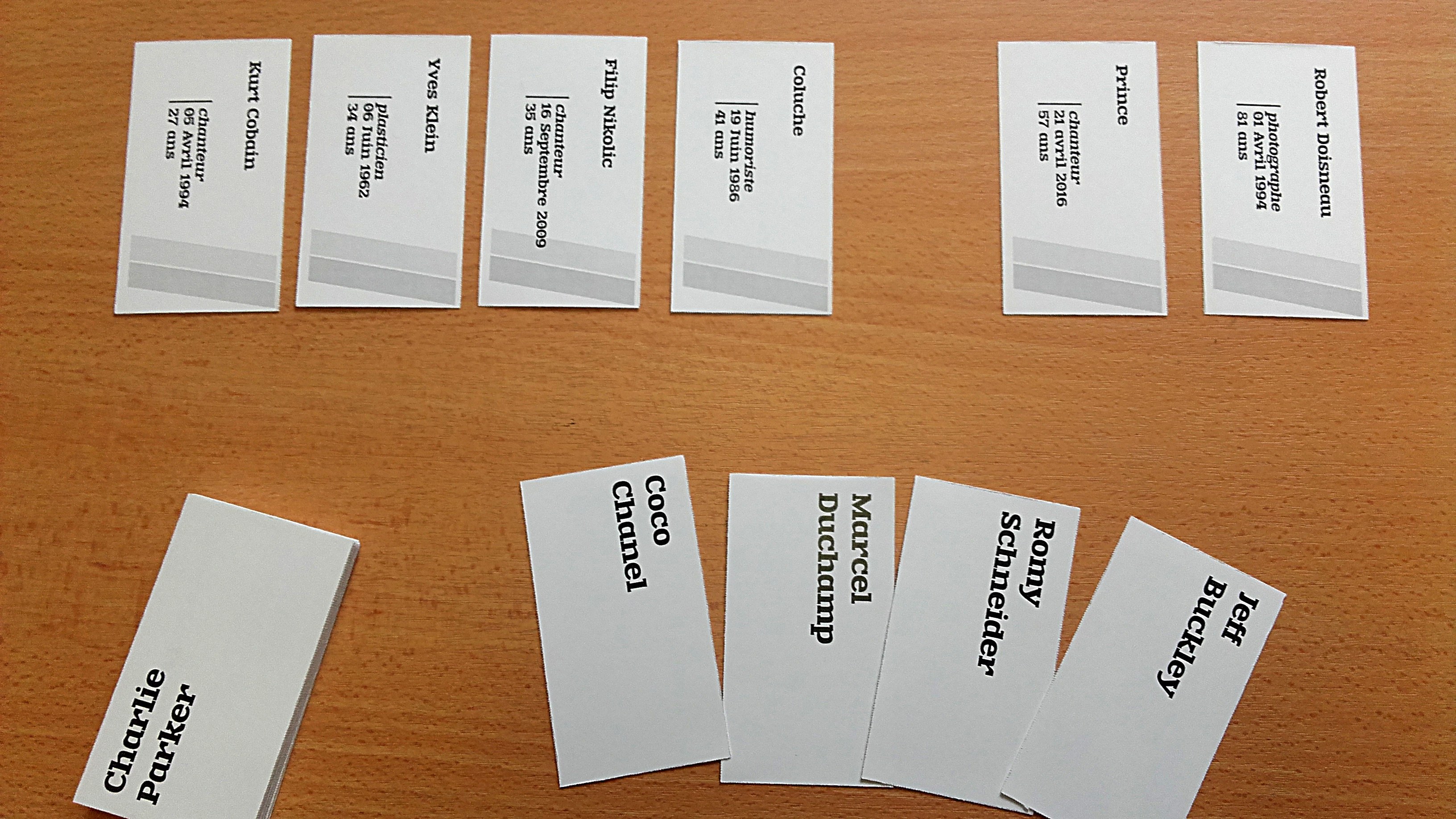 Ein hölzerner Tisch mit mehreren weißen Visitenkarten mit gedrucktem Text.