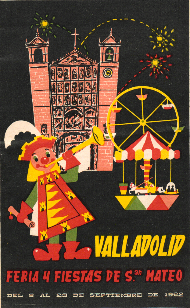 Ein buntes Karnevalsposter, das ein Gebäude, ein Riesenrad, ein Spielzeug und Text zeigt und ein festliches Ereignis in Valladolid, Spanien, ankündigt.
