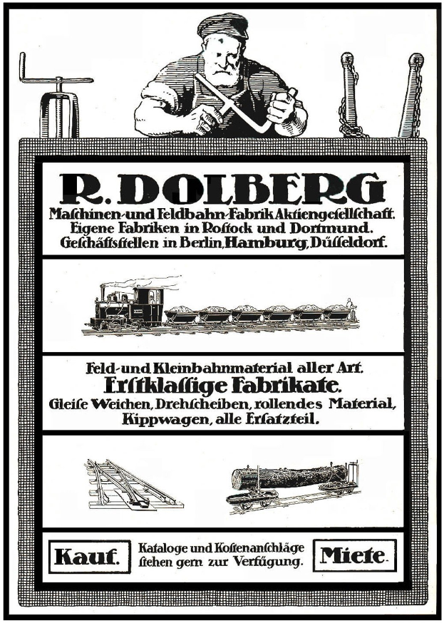 Werbeposter für die Fabrik von R.D. Dolberg in Hamburg, Deutschland, mit Text, einer Person, einem Zug und anderen Gegenständen.
