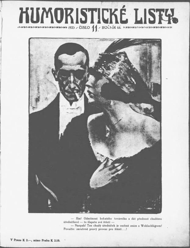 Schwarze und weiße Zeitschriftentitel "Humoristische Liste" mit einem Mann im Anzug mit ernster Miene und einer Frau, die wegschaut und leicht schmunzelt.