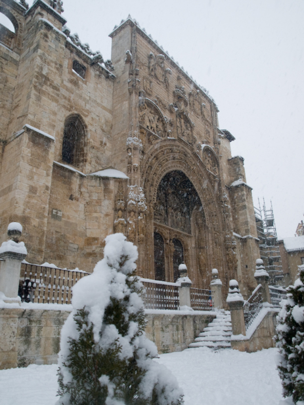 Eine architektonische Struktur mit schneebedecktem Boden und eisbedeckten Bäumen davor.