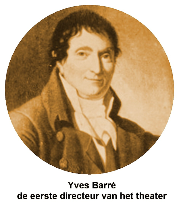 Porträt von Yves Barre, dem Theaterregisseur, in einem schwarzen Anzug und weißem Hemd mit ernstem Gesichtsausdruck, zurückgekämmtem Haar und direktem Blick in die Kamera; fetter Text unten.