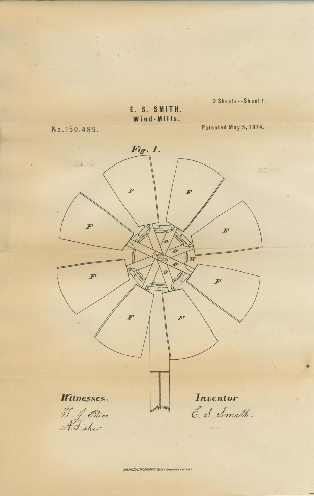 Ein altes Buch mit einer Zeichnung einer Windmühle und Text, der ihre Merkmale beschreibt.