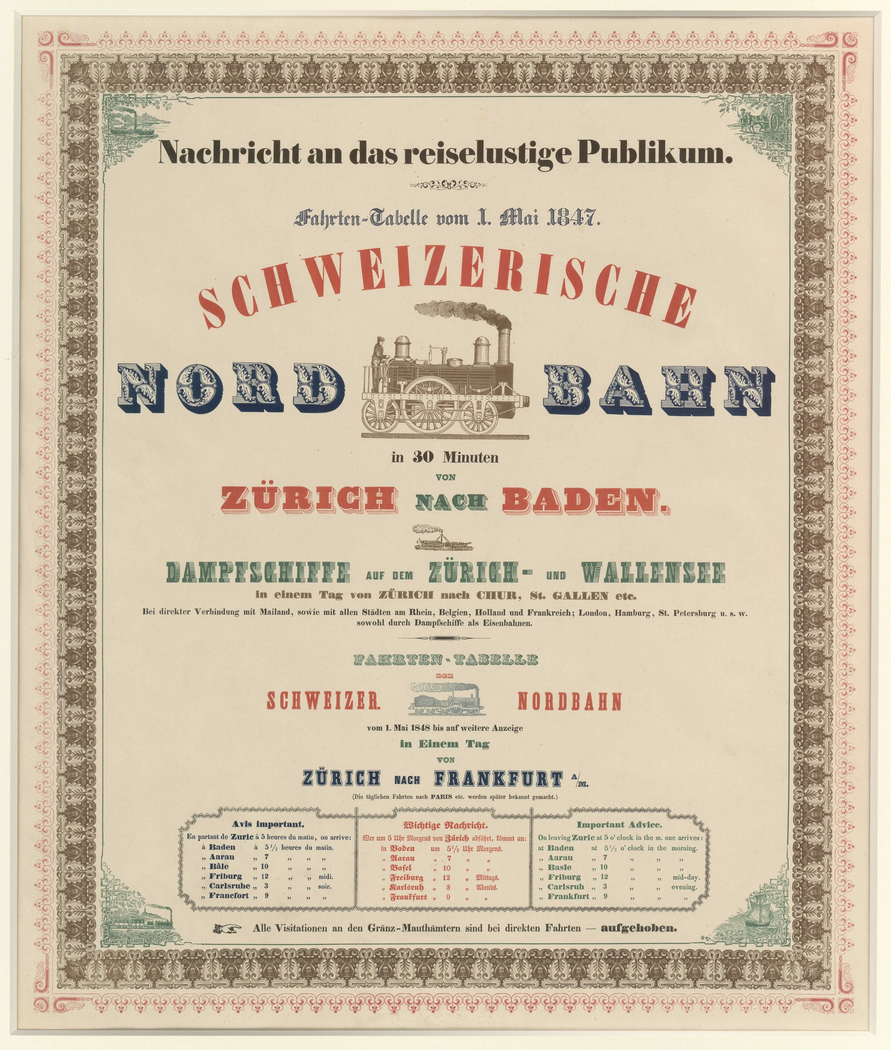 Plakat mit einem Zug in der Mitte mit einem hellgelben Hintergrund und einem schwarzen und weißen Karomuster, Text lautet "Schweizerische Nordbahn in Baden, Deutschland" in fetter schwarzer Schrift mit einem dekorativen Rahmen.