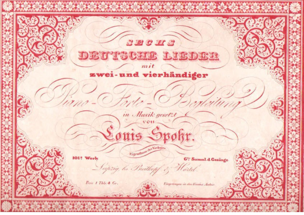 Altes deutsches Wertpapier mit der Aufschrift "Louis Spohr - Zweites Deutsches Lieder" und einem roten Rand und weißem Hintergrund.
