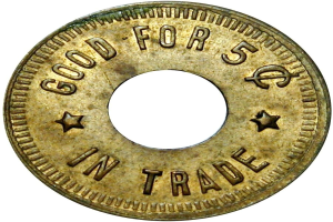 Eine Goldmünze mit der Inschrift "Gut für 5 im Handel" vor einem weißen Hintergrund.