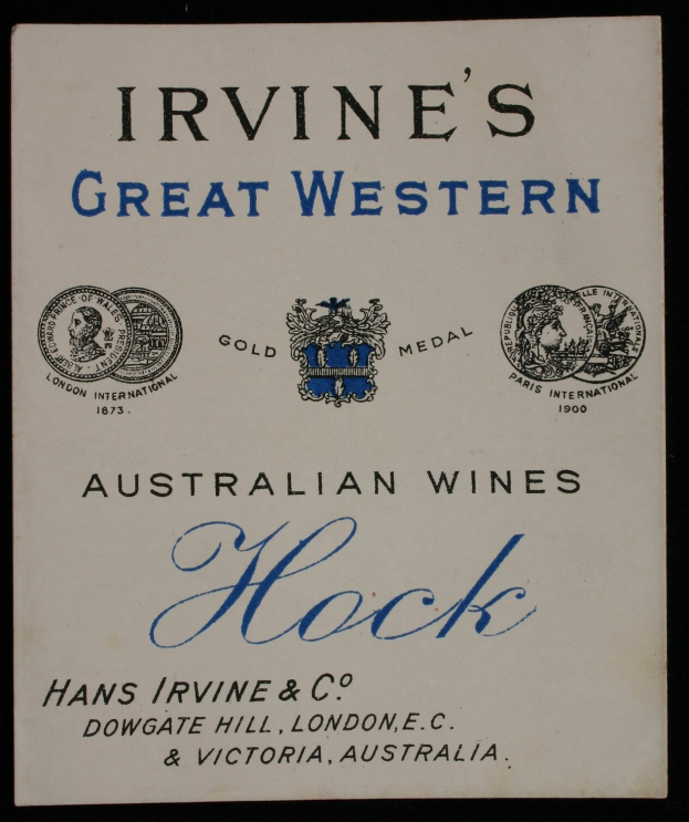 Plakatwerbung für Irvine's Große Western Australian Weine, das Unternehmenstext und -logos zeigt.