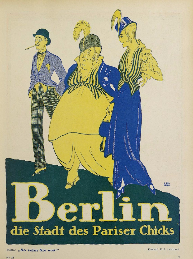 Ein Plakat, das ein Konzert in Berlin, Deutschland, ankündigt, mit einer Gruppe von Menschen in bunter Kleidung, die vor einem Gebäude stehen, und dem Text "Berlin - Die Stadt des Pariser Chicks" oben drauf.
