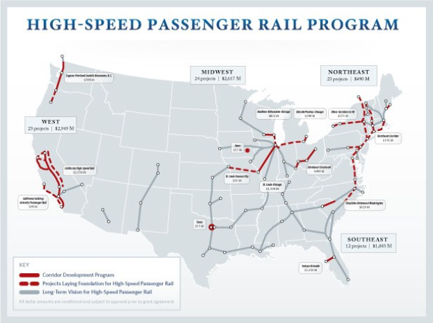 Ein Plakat mit einer detaillierten Karte des U.S.-Hochgeschwindigkeits-Passagierbahnprogramms, einschließlich Routen, Sehenswürdigkeiten und erklärendem Text zum Programm.