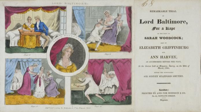 Illustration einer historischen Gerichtsszene, die den Prozess von Lord Baltimore gegen Vergewaltigung zeigt, mit einem Blatt mit Porträts, Theater-Elementen und Text.