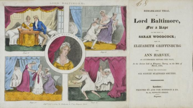 Illustration einer historischen Gerichtsszene, die den Prozess von Lord Baltimore gegen Vergewaltigung zeigt, mit einem Blatt mit Porträts, Theater-Elementen und Text.