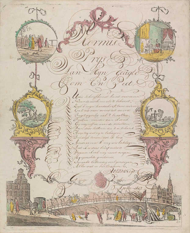 Ein aufgeschlagenes Buch mit einer Illustration einer Stadtansicht mit Geb├Ąuden, Menschen, einer Br├╝cke und anderen Gegenst├Ąnden sowie Begleittext.