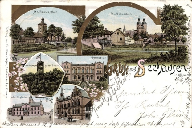 Eine alte Postkarte mit einer Stadtansicht, Gebäuden, Bäumen, Pflanzen, Blumen, Gras, einer Brücke und einem Himmel, sowie etwas Text.