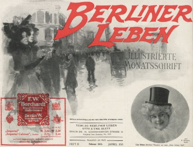 Plakat für das Berliner Leben Theater mit einer Frau in einem Hut und einem Mann in einem Anzug, mit Text, einem Stempel, Menschen und Gebäuden im Hintergrund.