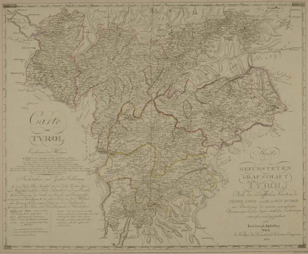 Detailreiche historische Karte von Tirol, Deutschland, mit Städten, Dörfern, geografischen Merkmalen und Text mit Bevölkerungsangaben, Straßen und Sehenswürdigkeiten.