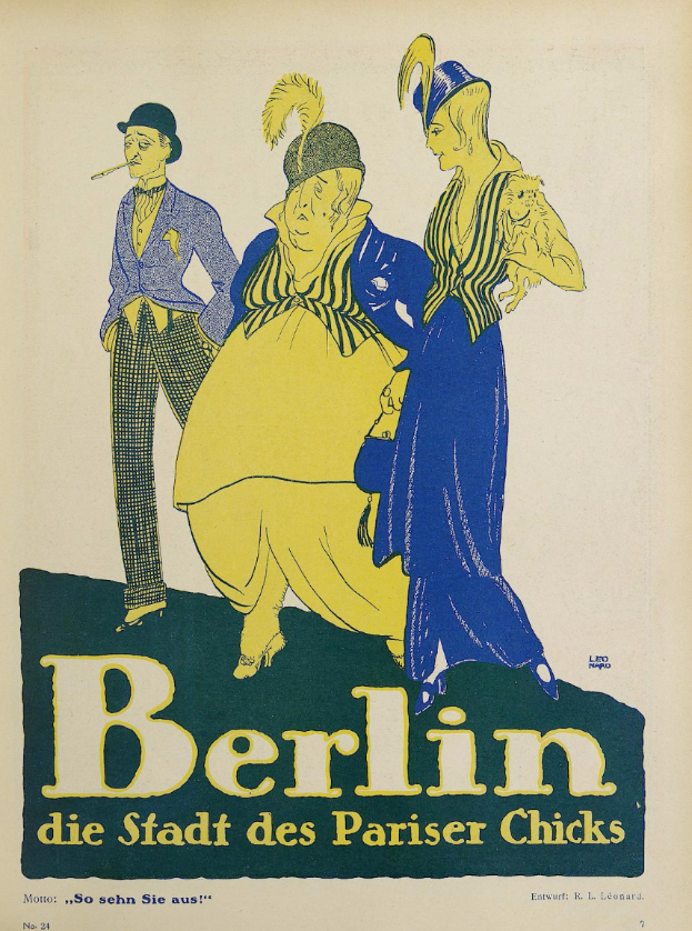 Ein Plakat für ein Konzert in Berlin, Deutschland, mit einer Gruppe farbenfroher Menschen vor einem Gebäude und dem Text "Berlin - Die Stadt des Pariser Chicks" öber dem Bild.