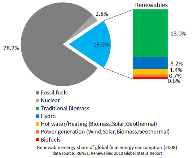 Ein Kreisdiagramm, das den globalen Verbrauch an erneuerbarer Energie im Jahr 2008 zeigt, unterteilt in Abschnitte für fossile Brennstoffe, Kernenergie, Wasser, Heizung, Biomasse, Solarenergie, Geothermie und Biokraftstoffe, mit begleitendem Text.
