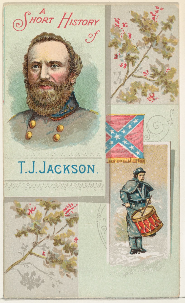 Plakat des Konföderierten-Generals T.J. Jackson mit einem zentralen Porträt, umgeben von Bildern von Bäumen, einer Flagge und Text.