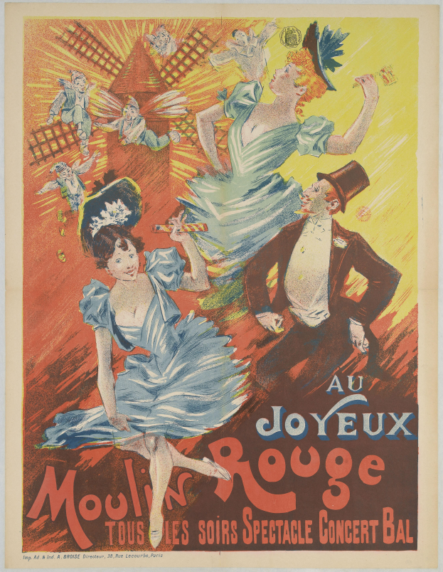 Ein Plakat, das ein Moulin Rouge-Konzert in Paris, Frankreich, ankündigt, mit einem leuchtend roten Hintergrund, tanzenden Menschen in bunten Kostümen und der Schrift "Moulin Rouge" in fetter, weißer Schrift.