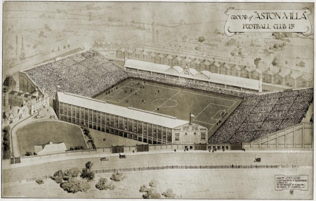 Schwarze und weiße Illustration des historischen Stadions von Aston Villa Football Club, mit Rasen, umgeben von Gebäuden, Bäumen und Zuschauern auf den Tribünen.