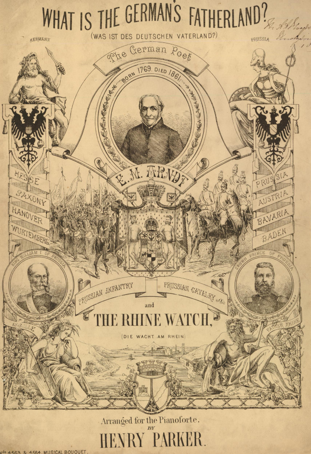 Eine Zeitung mit Bildern von Menschen und Text, der lautet: "Was ist das Vaterland der Deutschen? Die Rheinwacht von Henry Parker."