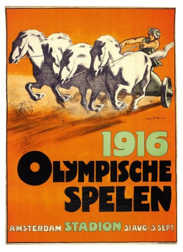 Plakat für die Olympischen Spiele 1916 in Amsterdam mit einer Person in einem von Pferden gezogenen Wagen