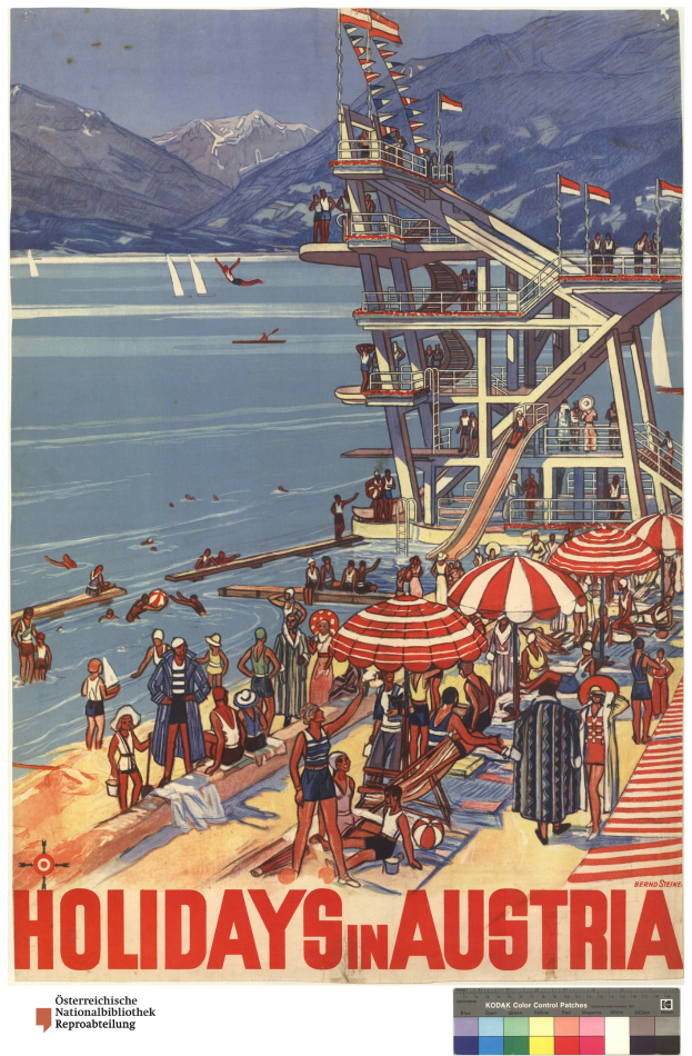Plakat für Österreich-Urlaub mit Menschen am Strand mit Schirmen, einem Schiff im Hintergrund, schwingenden Fähnchen, entfernten Bergen und Text.