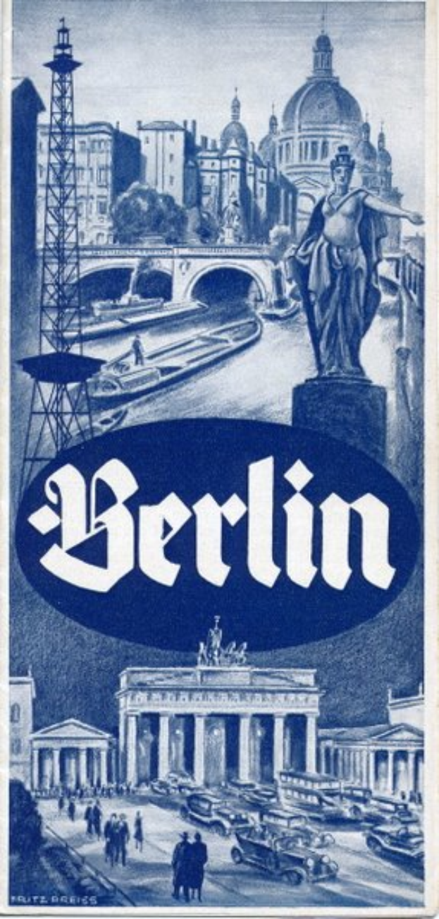 Plakat bewirbt Berlin, Deutschland mit Statue, Gebäuden, Turm, Menschen, Fahrzeugen auf der Straße und Brücke, Text mit Informationen zur Stadt.
