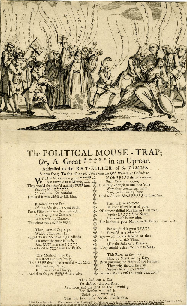 Politischer Cartoon 'Die politische Mausefalle, oder, ein großer Rattenkiller in Aufruhr' zeigt beunruhigte Menschen mit einigen, die ängstlich nach oben und andere verwirrt nach unten schauen.